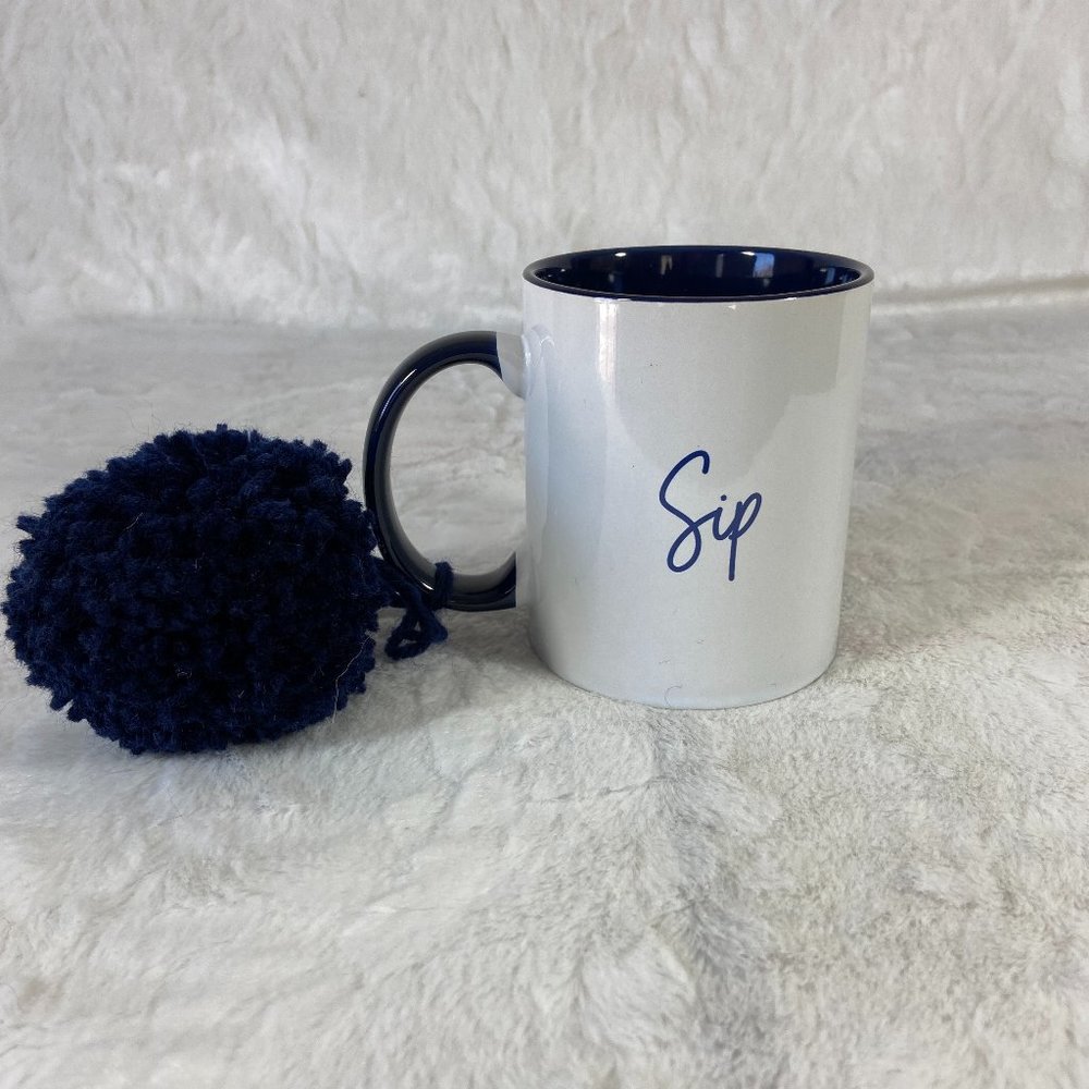 Thirty-One "Sip"  White Navy Blue Ceramic Coffee Cup Mug 12 Oz Pom Pom